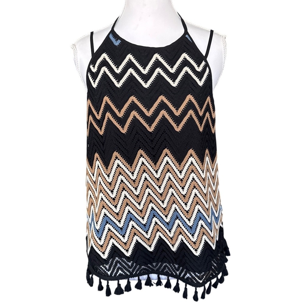 Laundry by Shelli Segal Crochet Halter Top Boho ZigZag Chevron Tassel Small